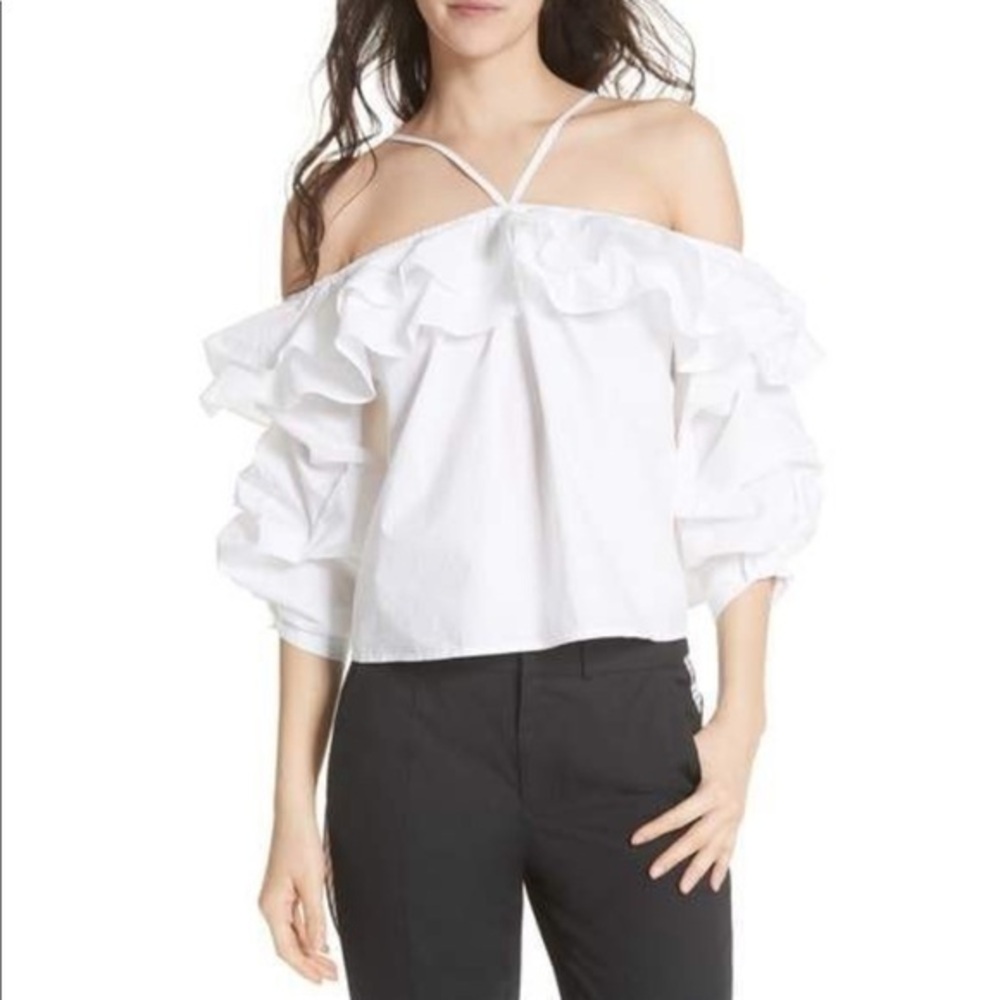 Joie White Ruffled Cold Shoulder Top XS
